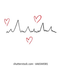 Cardiogram. Hand drawn stylized cardiogram. with red hearts.