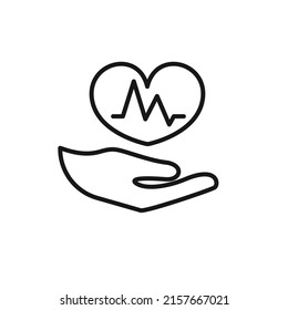 Cardiogram in hand, line symbol, vector icon for user interface.