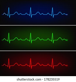 Cardiogram of healthy heart in three neon colors