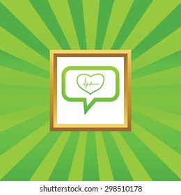 Cardiogram in heart contour in chat bubble, in golden frame, on green abstract background