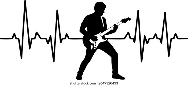 Cardiograma com pulso cardíaco. Silhueta de guitarrista elétrico - Rock Star tocando música