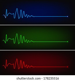 Cardiogram of heart stop and death in three neon colors