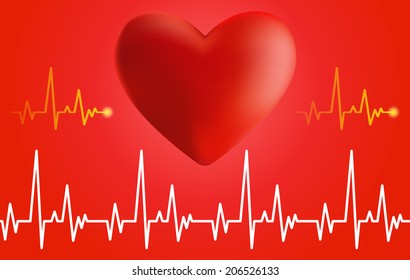 Cardiogram and heart. Volume of the heart and cardiogram on red background.
