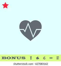 Cardiogram icon flat. Grey pictogram on blue background. Vector illustration symbol and bonus buttons medal, cow, earth, eye, calculator