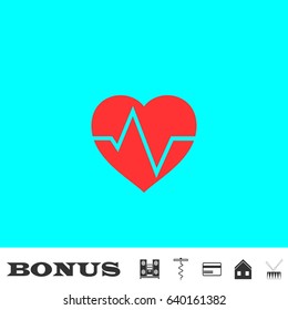 Cardiogram icon flat. Red pictogram on blue background. Vector illustration symbol and bonus buttons Music center, corkscrew, credit card, house, drum