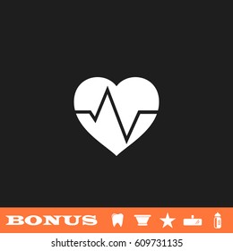 Cardiogram icon flat. White pictogram on black background. Vector illustration symbol and bonus button tooth, vase, star, mirror, bottle