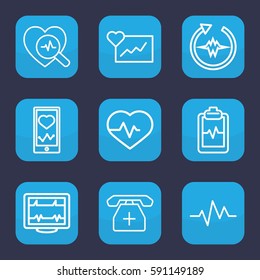cardiogram icon. Set of 9 outline cardiogram icons such as heartbeat, heartbeat on phone, medical phone