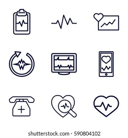 cardiogram icons set. Set of 9 cardiogram outline icons such as heartbeat, heartbeat on phone, medical phone