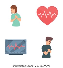 Cardiogram icons set cartoon vector. Heartbeat rate at monitor and display. Health care, diagnosis and treatment