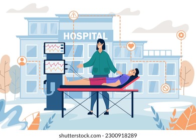 Cardiogram medicine concept with people scene in the flat cartoon style. Nurse performs a cardiogram on a man. Vector illustration.