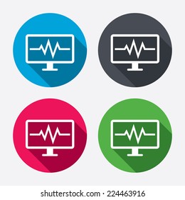 Cardiogram monitoring sign icon. Heart beats symbol. Circle buttons with long shadow. 4 icons set. Vector