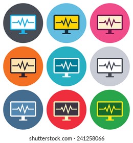 Cardiogram monitoring sign icon. Heart beats symbol. Colored round buttons. Flat design circle icons set. Vector