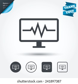 Cardiogram monitoring sign icon. Heart beats symbol. Circle and square buttons. Flat design set. Thank you ribbon. Vector