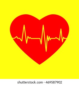 Cardiogram on heart shape. Red on yellow background. SUPER.