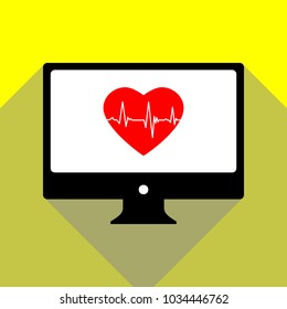 Cardiogram on heart shape. Vector. Red icon on white monitor of black all-in-one desktop computer with two shadows at yellow background.