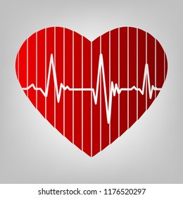 Cardiogram on heart shape. Vector. Vertically divided icon with colors from reddish gradient in gray background with light in center.