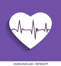 Cardiogram on heart shape. Vector. White icon with soft shadow on grape violet background.