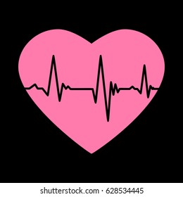 Cardiogram on heart shape. Vector. Pink icon on black background.