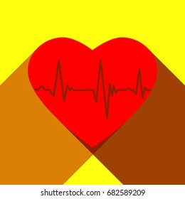 Cardiogram on heart shape. Vector. Red icon with two flat reddish shadows on yellow background.
