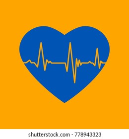 Cardiogram on heart shape. Vector. Medium teal blue icon on orange background.