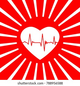 Cardiogram on heart shape. Vector. White icon on red sun with rays as background. Isolated.