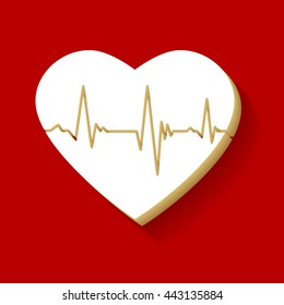 Cardiogram on heart shape. White button icon with wood color and shadow on dark red background.