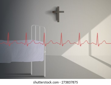 Cardiogram of a patient against the backdrop of the old hospital ward