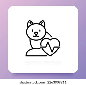 Cardiograma para mascotas. Gato con latido de corazón. Icono de línea delgada. Clínica veterinaria. Ilustración vectorial.