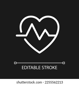 Cardiogram pixel perfect white linear ui icon for dark theme. Heart rate. Medical checkup. Vector line pictogram. Isolated user interface symbol for night mode. Editable stroke. Arial font used