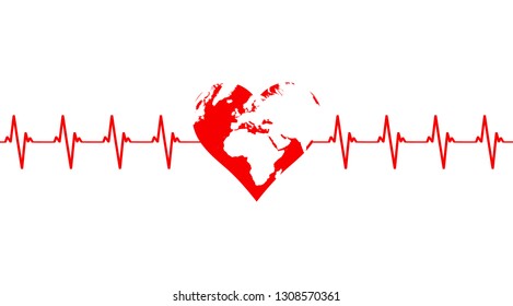 Cardiogram of Planet Earth in the shape of a red heart isolated on white background.