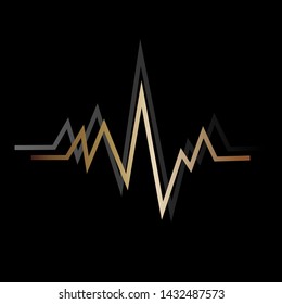 cardiogram pulse sign, golden color with shadow, on a black background.