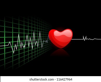 Cardiogram with red heart shape on black background. EPS 10.