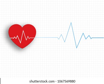Cardiogram with red heart symbol on grid background represent medical and health care concept. Line of cardiogram. Heart rate graphic. Technology Background. Vector Illustration.
