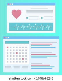 Informe de plantilla de cardiograma, pantalla de latido del corazón, afiche decorado con iconos y líneas, logotipo del hospital, equipo para pulso, tecnología médica, vector saludable