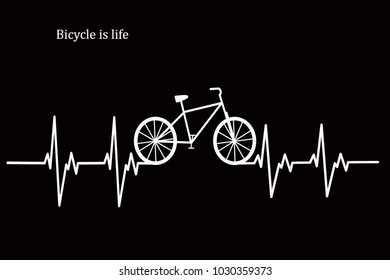 cardiogram vector bicycle is life white vector on black background postcard