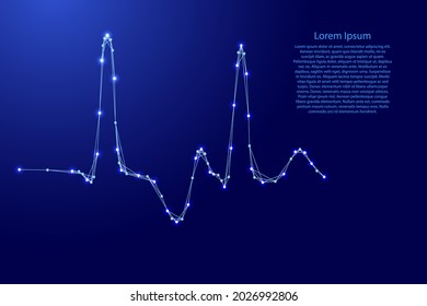 Cardiograma, sinusoide equivocado de futuristas líneas azul poligonal y estrellas brillantes para banner, afiche, tarjeta de saludo. Ilustración vectorial.