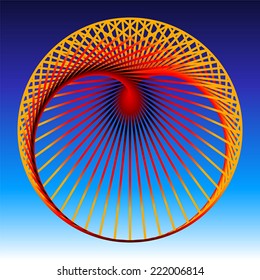 Cardioid, a mathematical plane curve, composed of orange to red gradient lines, which generate a heart shaped geometric figure. Vector illustration on blue gradient background.