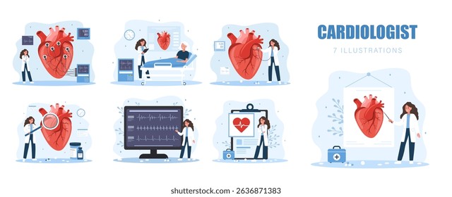 Cardiologist concept. Heart medical diagnosis and treatment. Set of female doctors. Vector illustrations in flat cartoon style.