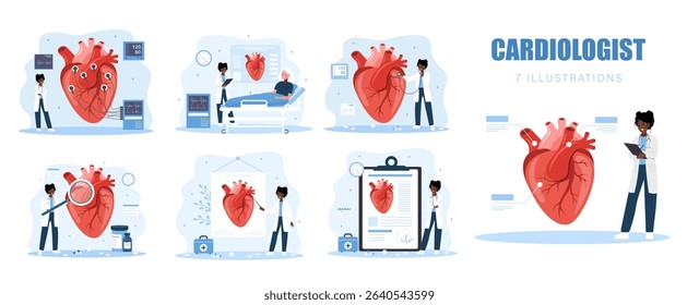 Cardiologist concept. Heart medical diagnosis and treatment. Cardiovascular diseases and healthcare. African Female doctors. Set of Flat Vector illustrations.