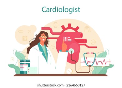 Cardiologist Concept. Idea Of Heart Medical Diagnostic And Treatment. Doctors Treat Heart Attack. Internal Organ Surgeon. Flat Vector Illustration