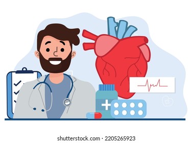 Concepto de cardiólogo. Idea de diagnóstico y tratamiento médico del corazón. Los médicos tratan el ataque al corazón. Cirujano de órganos internos. Ilustración vectorial plana.