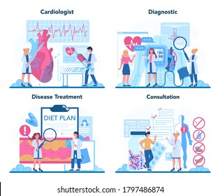 Conjunto de conceptos de cardiólogo. Idea de atención al corazón y diagnóstico médico. Los médicos tratan enfermedades cardíacas. Órgano interno. Ilustración aislada en estilo de caricatura