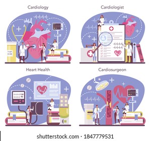Cardiologist concept set. Idea of heart care and medical diagnostic. Doctors treat heart disease. Internal organ surgeon. Isolated illustration in cartoon style