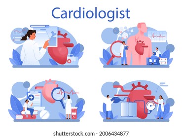 Conjunto de conceptos de cardiólogo. Idea de atención al corazón y diagnóstico médico. Los médicos tratan enfermedades cardíacas. Cirujano de órganos internos. Ilustración aislada en estilo de caricatura