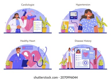Conjunto de conceptos de cardiólogo. Idea de diagnóstico y tratamiento médico del corazón. Médicos curando la hipertensión, la hipotensión u otras enfermedades cardíacas. Ilustración vectorial plana