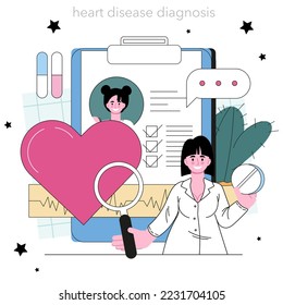 Cardiologist concept set. Idea of heart medical diagnostic and treatment. Doctors treat heart attack. Internal organ surgeon. Flat vector illustration