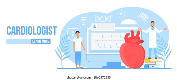 Cardiologist concept vector. Hypo-tension and hypertension disease illustration for cardiology homepage. Symptoms and prevention blood pressure. Tiny doctors treat heart.