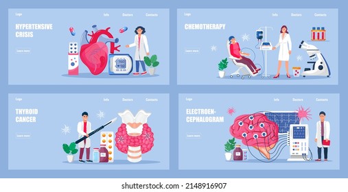 Cardiologist concept vector for medical homepages, websites. Endocrinologist, thyroid cancer. Chemotherapy, chemo procedure and oncologist illustration. Brain with EKG, encephalogram machine	