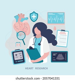 Cardiologist conducts research on heart. Medical examination cardiovascular pressure. Concept of cardiology, diagnostic. Various medical tools. Cardiogram, tonometer and ultrasound.Vector illustration