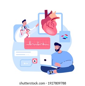 Médico Cardiólogo Consultar al Paciente Hombre.Hospital Médico en línea.Fluorografía de diagnóstico en línea.Deseación cardiaca,Tratamiento con cardiograma de presión arterial.Servicio de ayuda digital.Ilustración vectorial